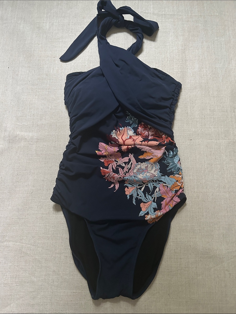 Sundance Island Goddess Halter One-Piece Swimsuit Navy Size XS Floral Ruched